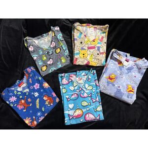 Lot of 5 Pediatric Scrub Tops Shirts Pooh, Curious George, Cats, Fish L/XL